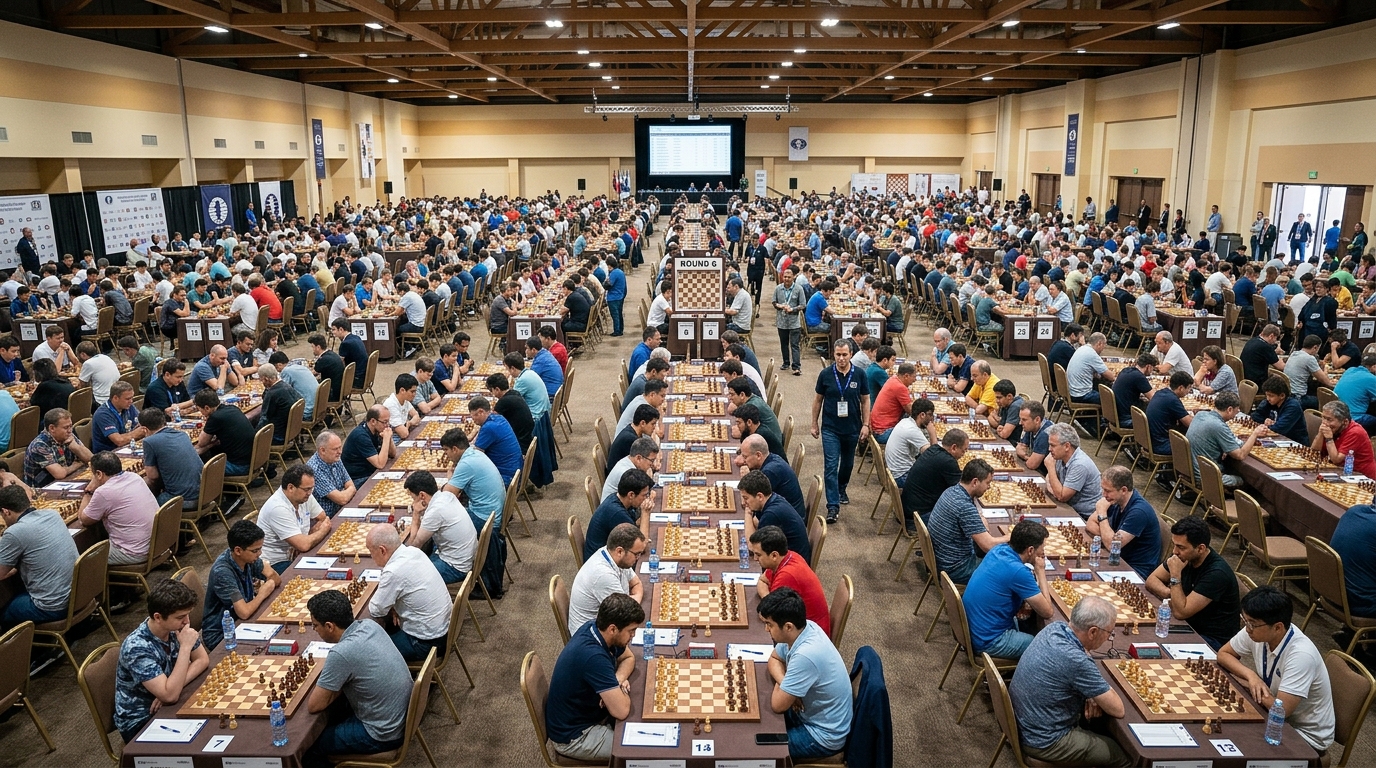 A large chess tournament hall organized with the Swiss system
